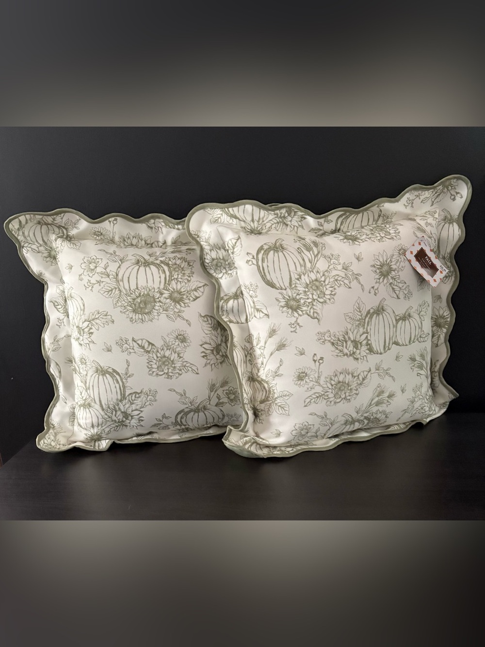 NEW Hobby Lobby White & Green Fall Pumpkin Scalloped Throw Pillow 16”x16” (2)